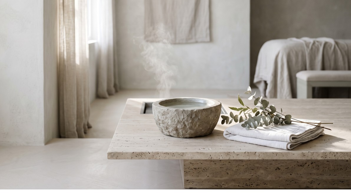 Serene spa interior with folded towels and wellness details